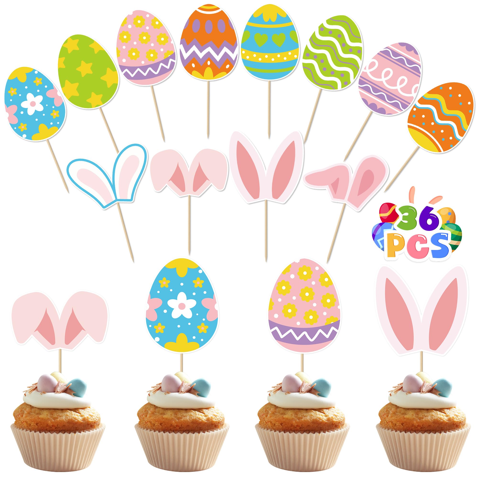 Photo 1 of 36pcs Easter Cupcake Toppers, 12 Kinds Easter Cake Topper Decorations, Paper Colorful Easter Eggs Bunny Ears Cake Topper Decor, Single Sided Printing Spring Party Desserts Cupcake Topper Decoration