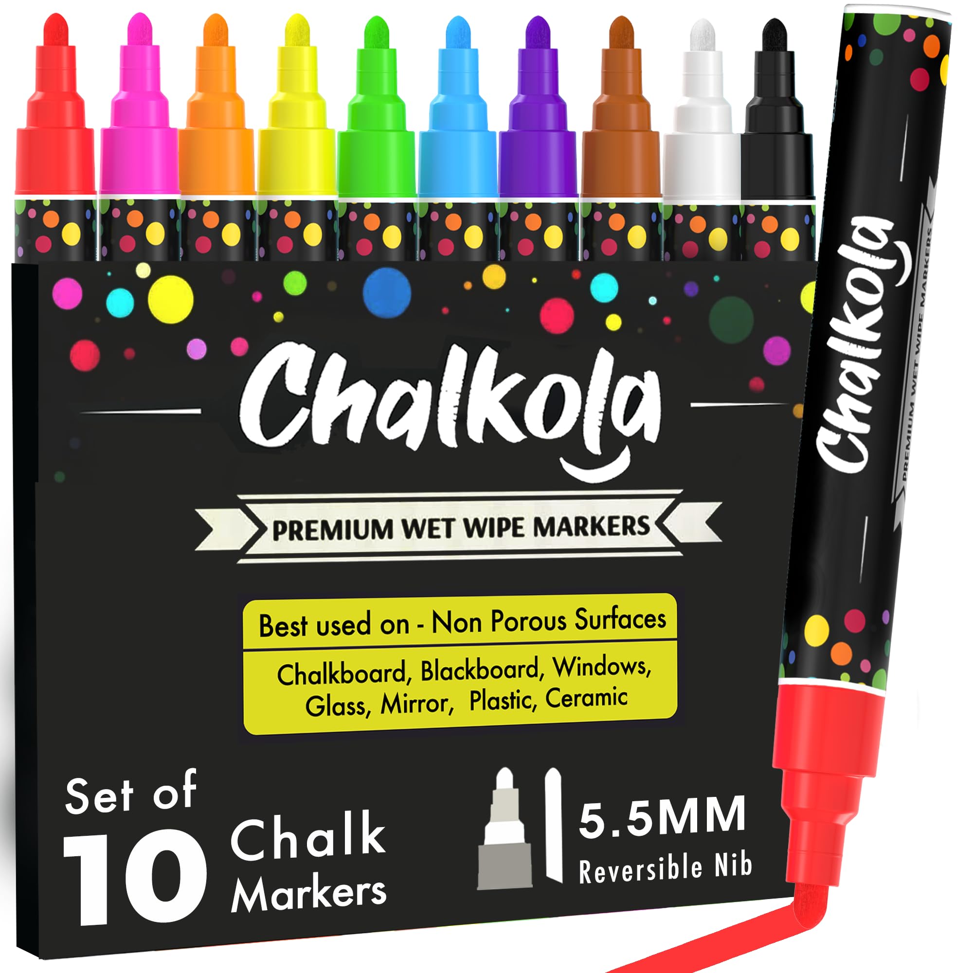 Chalk Pens - Pack of 10 neon Colour Markers. Used on Whiteboard, Chalkboard, Window, Blackboard - 6mm Reversible Bullet & Chisel Tip