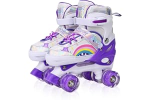 HXWY Rainbow Roller Skates for Girls Kids Children Youth Toddler Beginners, Adjustable 4 Sizes Roller Skates for Kids with Al