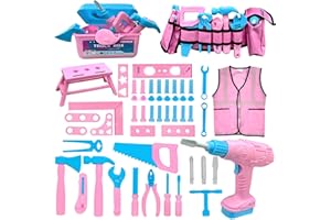 VERCECO Kids Tool Set 55Pcs Tool Box Toddler Tool Kit for Girls Play Tools Toy with Tool Belt Electronic Toy Drill Safety Vest Pretend Play Construction Toy for Girls Boys Ages 3 4 5 6 7 Years Old