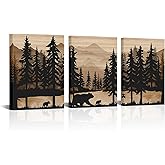 WELMECO Rustic Cabin Decor Bear Wall Art Framed Canvas Art Farmhouse Bedroom Bathroom Living Room Decor 12"x16" x 3Pieces