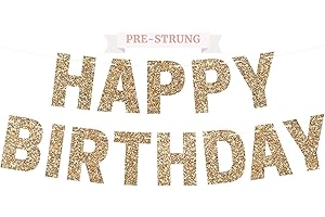 PERFECT OCCASION Pre-strung Happy Birthday Banner - No DIY - Gold Glitter Birthday Party Banner for Men & Women - Pre-strung Garland on 8 ft Strands - Gold Bday Party Decorations & Decor. Did We Mention No DIY