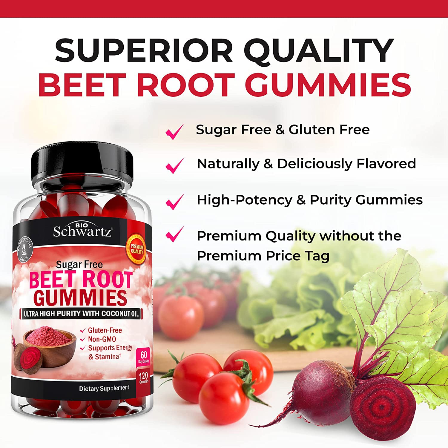 Sugar Free Beet Root Gummies - Nitric Oxide Gummies Infused with Coconut Oil for Highest Absorption - Supports Energy & Whole Body Health - Delicious Strawberry Flavor - 120 Count (60 Day Supply)