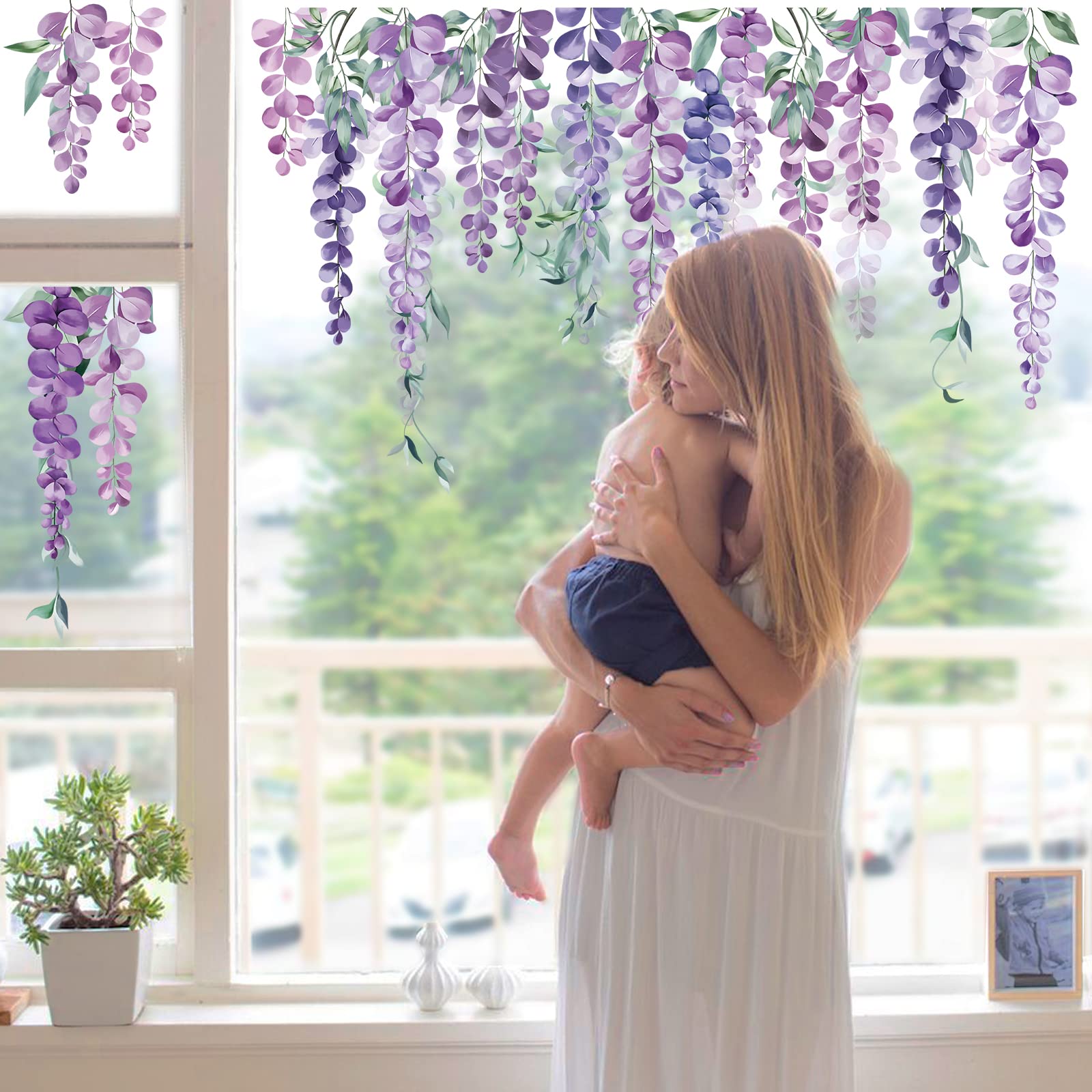 decalmile Summer Purple Flower Double Sided Window Clings Hanging Vine Wisteria Floral Leaf Window Decals Anti-Collision Glass Doors Window Stickers