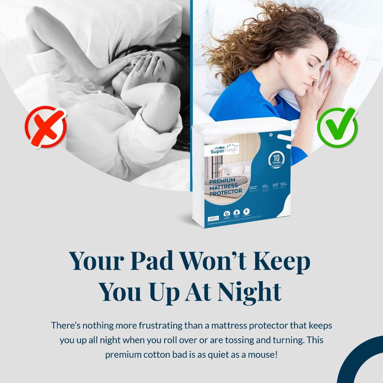 Supercomfi Queen Size Mattress Protector Cover Waterproof Cotton Terry Bed Topper Hypoallergenic Mattress Cover Noiseless-Slip Resistant: Home & Kitchen