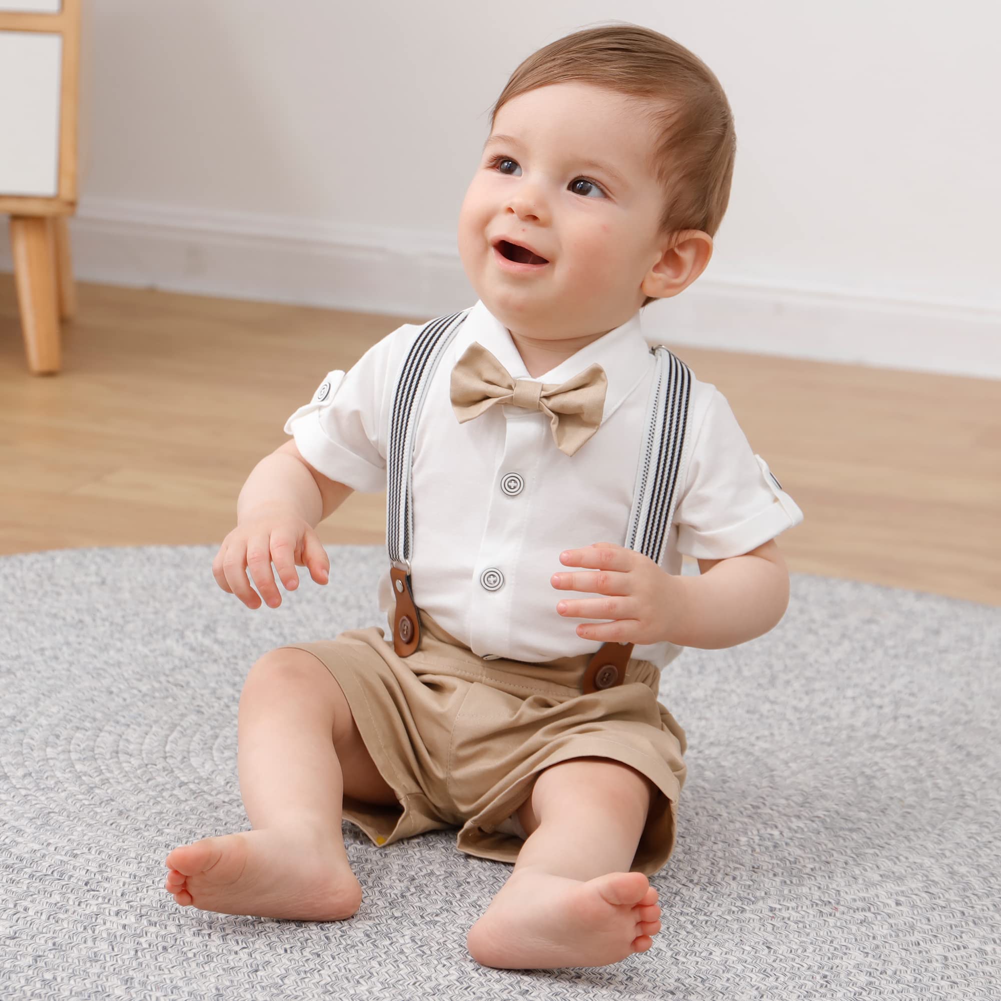 DISAUR Baby Boy Clothes Suits,Infant Gentleman Outfits Short Sleeves Romper +BowTie + Suspender Pants Wedding Set 0-18 Months