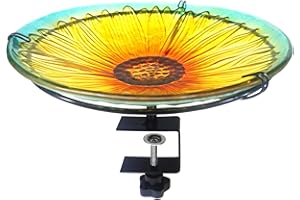 MEETJOYANCY Deck Mounted Bird Bath, Deck Birdbath for Railings, Glass Sunflower Bird Baths Bowl Bird Feeders with Heavy Duty Adjustable Base, Railing Bird Bath for Deck, Balcony, Fence-Sunflower Yellow