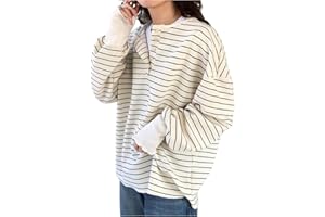SweatyRocks Women's Striped Oversized T Shirts Quarter Button Henley Shirt Long Sleeve Tee Tops