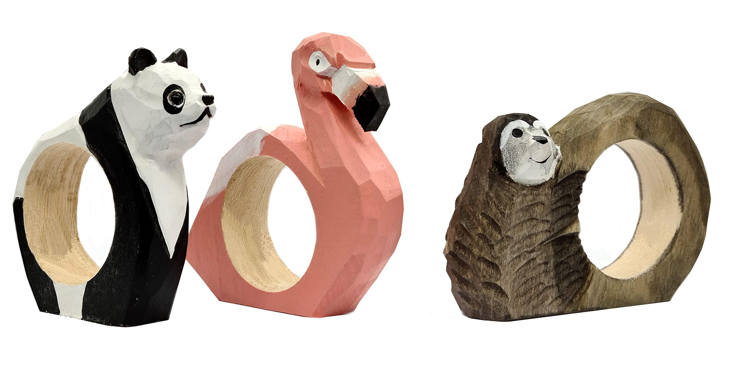 Set of 3 Animal Napkin Rings: Sloth, Panda and Flamingo Wooden Hand Cut and Coloured, Approx. 9 x 7 x 2 cm