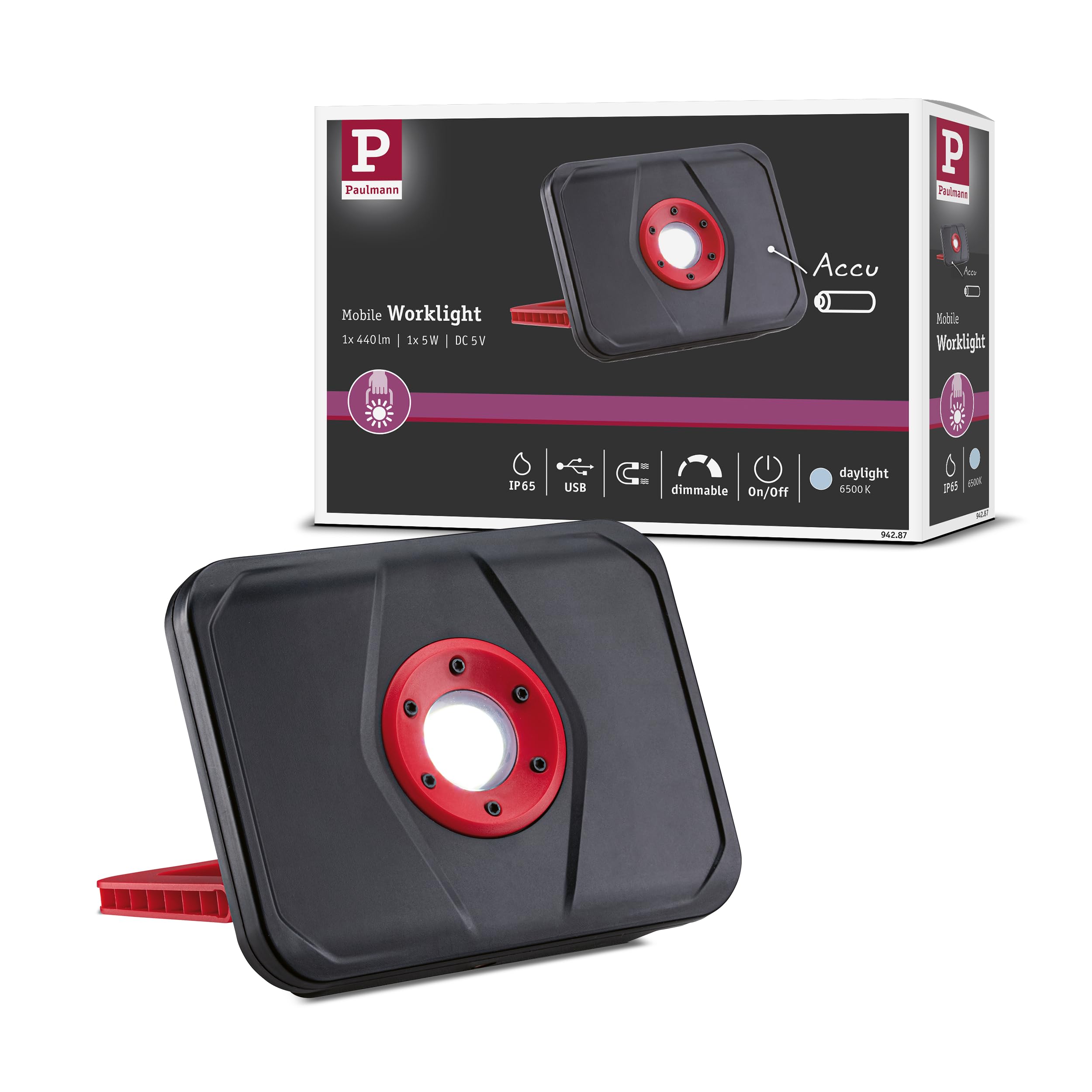 Paulmann 94287 Worklight Outdoor LED Battery-Powered luminaire Rectangular incl. 1x5 watt Mobile Light Black, red Battery-Powered lamp Plastic Cable-Free 6500 K