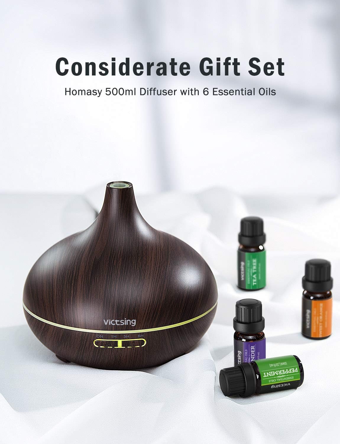 VicTsing 500ml Essential Oil Diffuser with Oils, Aromatherapy Diffuser with Essential Oil Set, Diffusers for Essential Oils with Auto Shut-Off, 4 Timer, Gift Set for Home, Dark Brown: Home & Kitchen