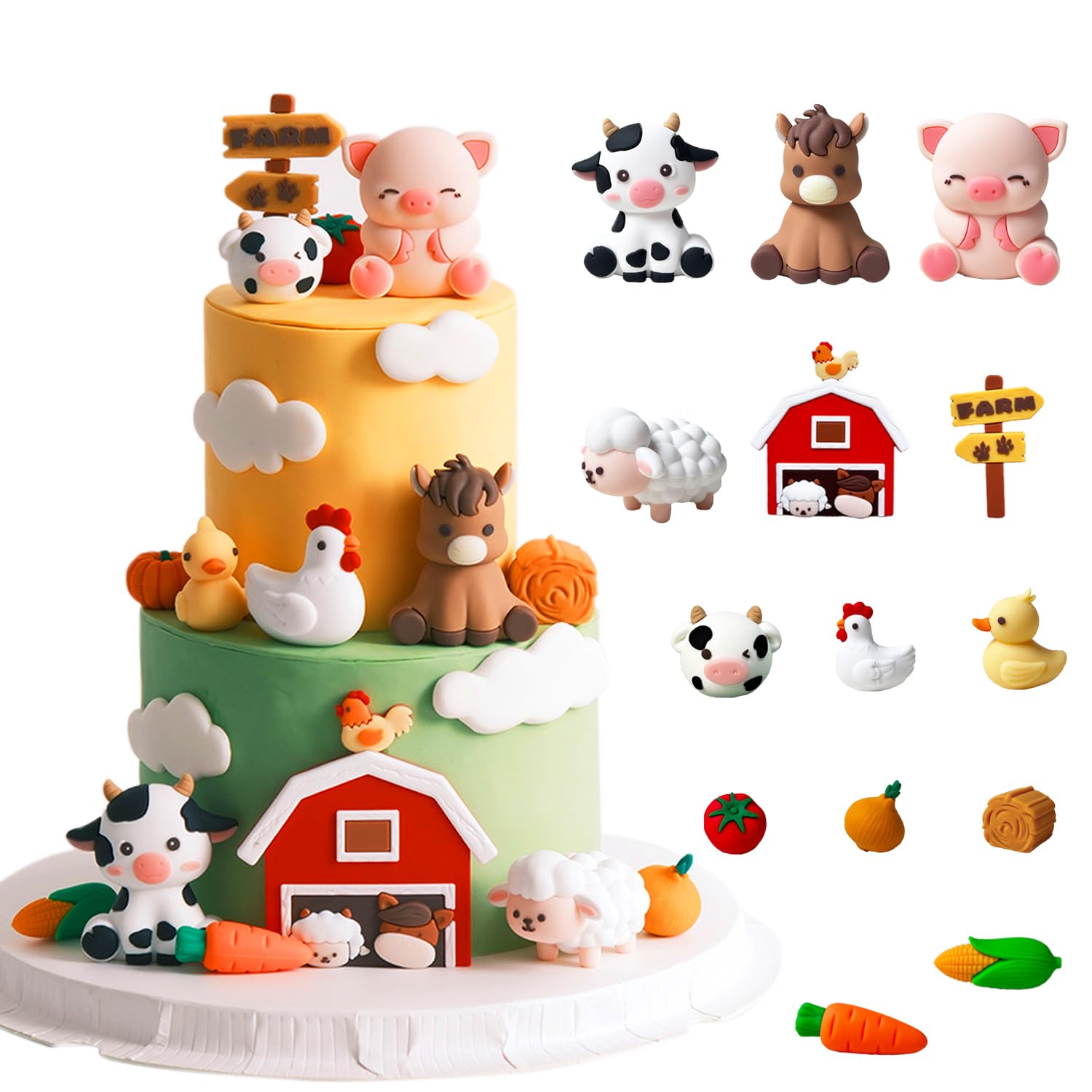 Photo 1 of Farm Animal Cake Toppers 15PCS Animal Cake Toppers Include Cute Cow,Chicken,Horse,Pig,sheep,Farm Birthday Decorations.