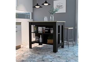 FM FURNITURE Brooklyn Kitchen Island, Black Wengue, Surface Color Light Oak, with Three uncovered Shelves. for Kitchen Room
