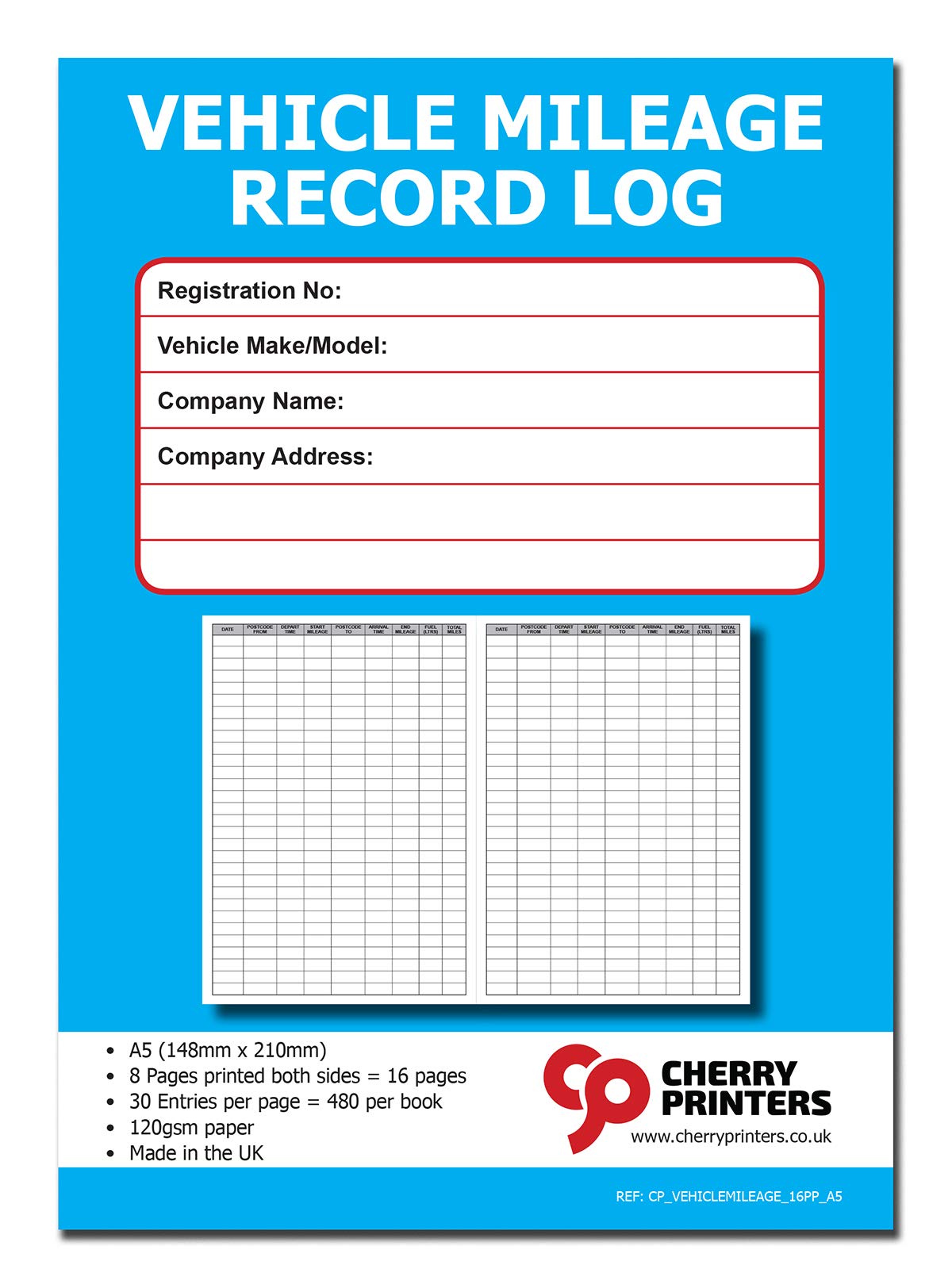 Cherry Vehicle Mileage Record Log A5 16pages 120gsm
