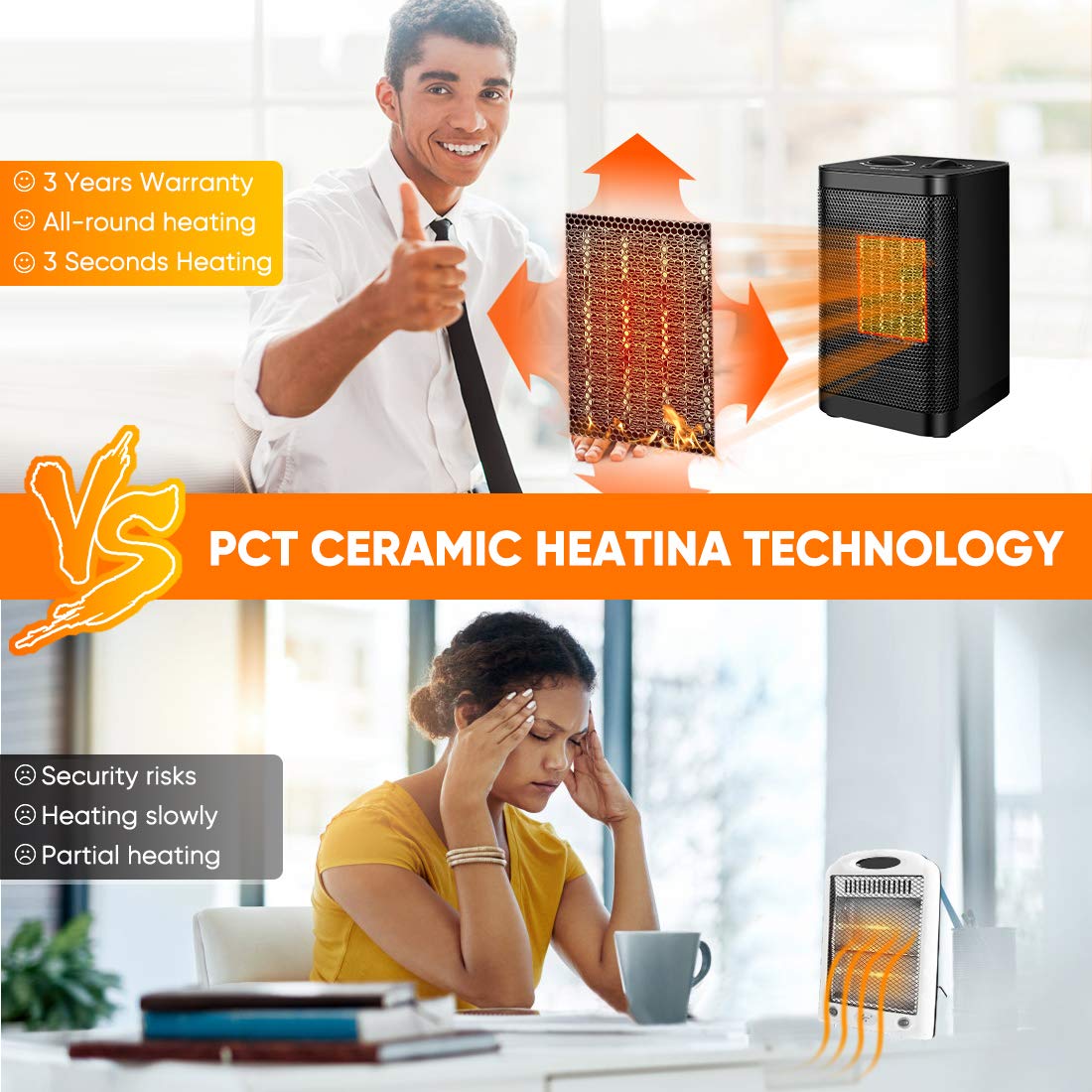 Space Heater Indoor Electric Heater - Portable Ceramic Personal Quiet Small Heater For Office, Home, Bedroom, Kids Room with Thermostat Tip-over & Overheat Auto-Off