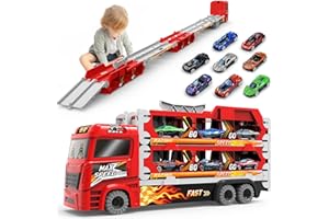 BAKAM Race Tracks Set for Kids Ages 3-5, Car Tracks for Toddlers 3-4 Years, Car Carrier Trucks Car Garage Toys for 3+ Year Old, Toys for Ages 3+, 3 Year Old Boy Birthday Gift (Red)