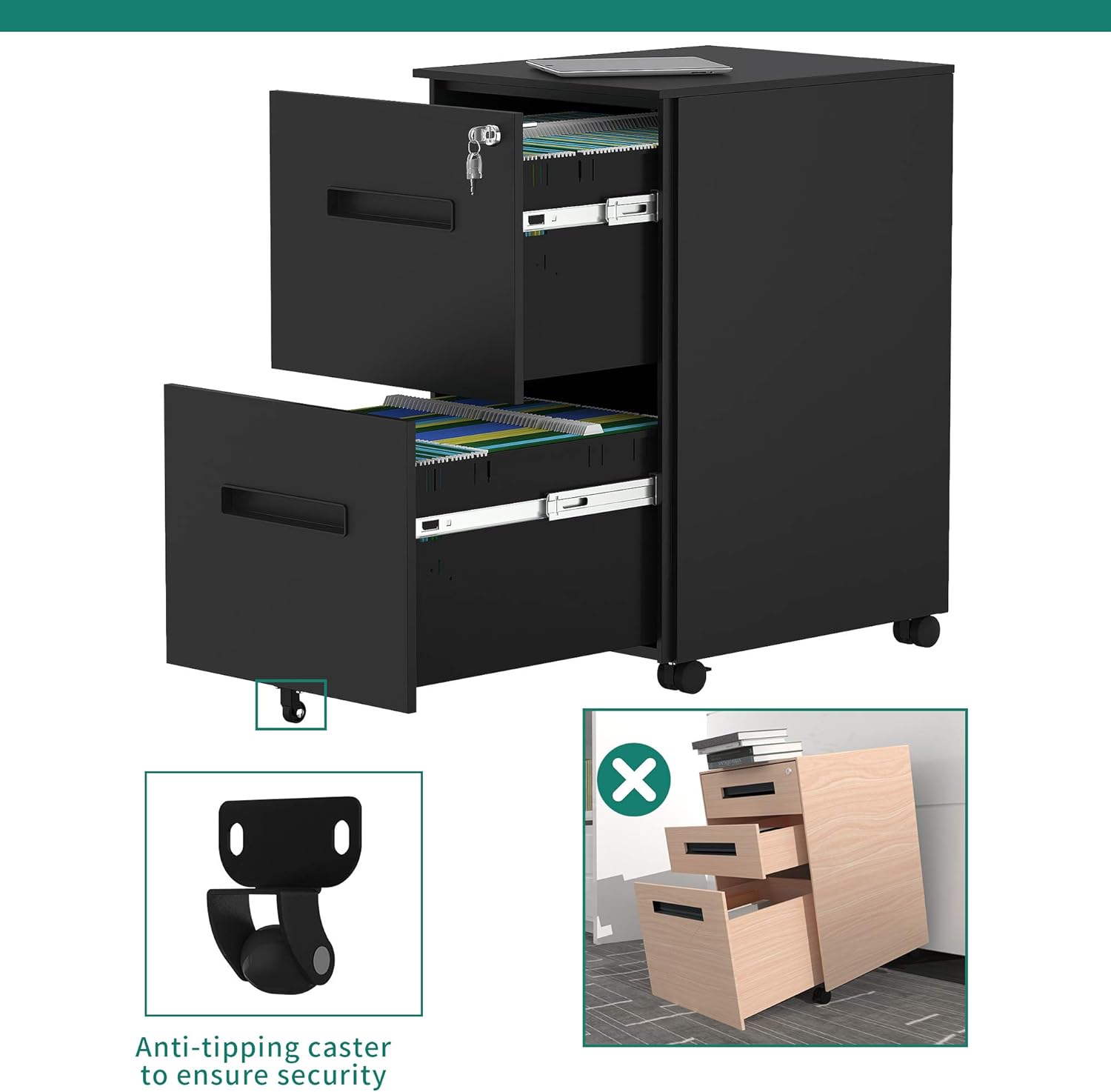 YITAHOME 2-Drawer Mobile File Cabinet with Lock, Office Storage Filing Cabinet for Legal/Letter Size, Pre-Assembled Vertical Metal File Cabinet Except Wheels Under Desk - Black: Furniture & Decor