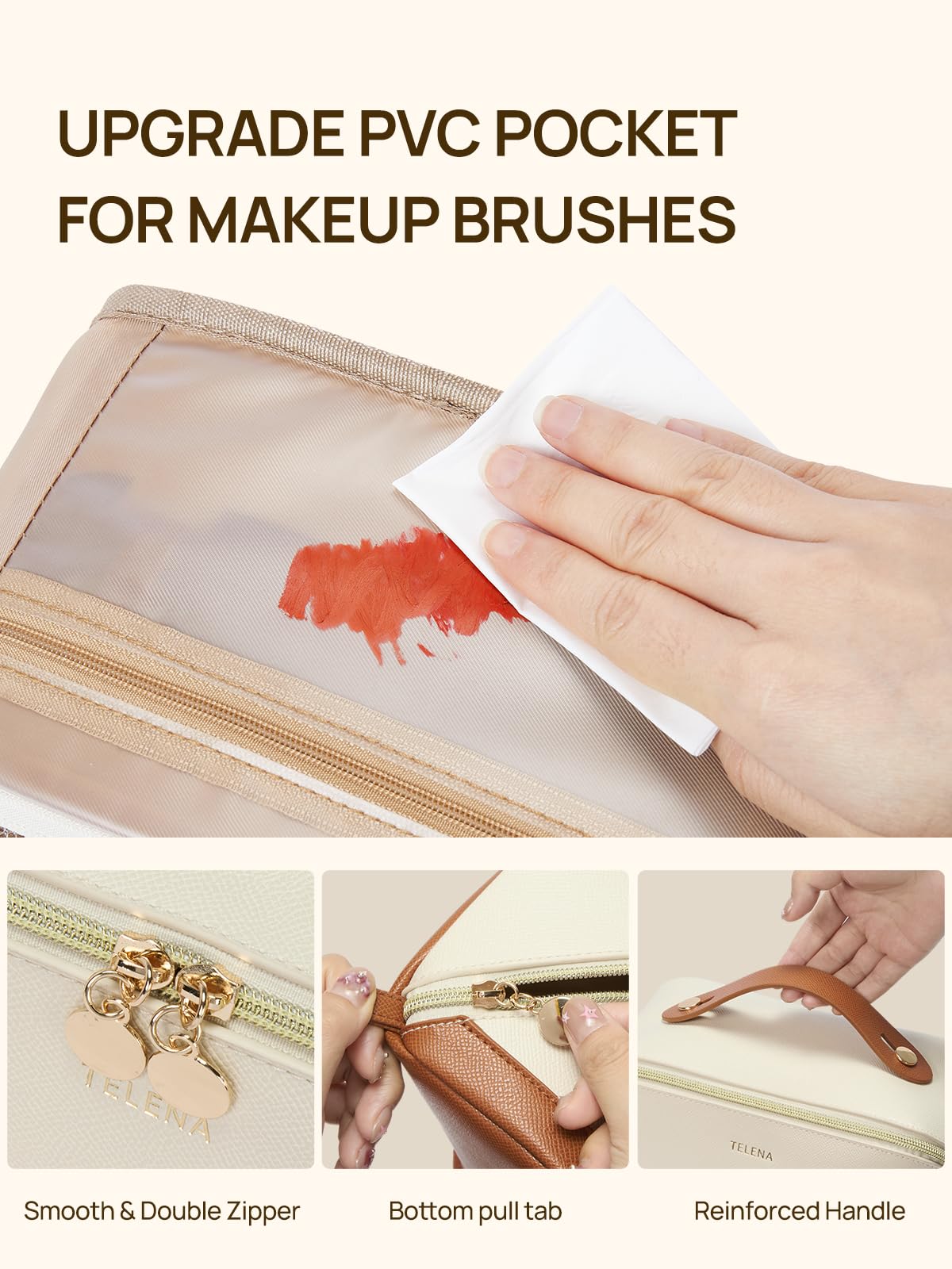 Telena Leather make up bag Large Capacity travel makeup bag cosmetic bag with Handle and Divider Open Flat