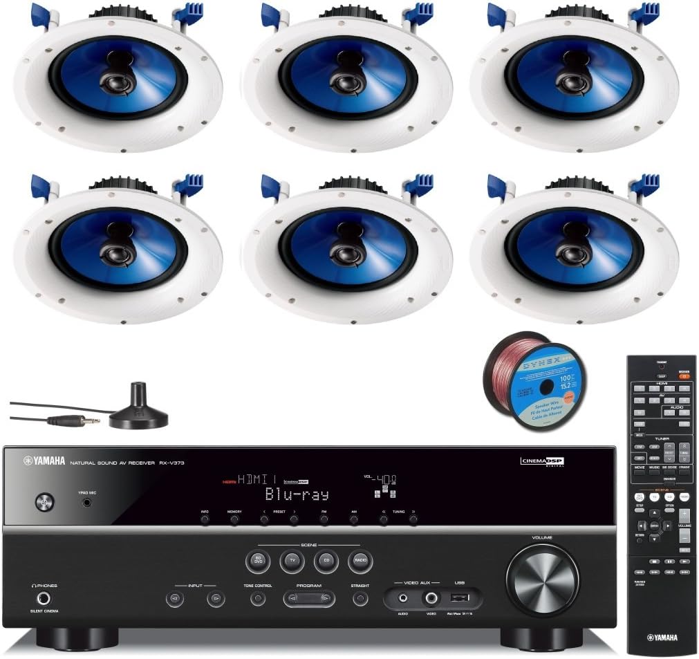 Yamaha 500 Watts Digital Home Theater Audio Video Receiver + Yamaha In-Ceiling 2-Way Moisture Resistant Speakers (set of 6) + 100 ft 16 Gauge Speaker Wire