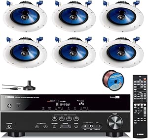 Yamaha 500 Watts Digital Home Theater Audio Video Receiver + Yamaha In-Ceiling 2-Way Moisture Resistant Speakers (set of 6) + 100 ft 16 Gauge Speaker Wire