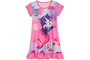 HenzWorld Girls Nightgown Short Sleeve Nightdress Unicorn Mermaid Cat Printed Casual Pajamas Kids Girls Sleepwear 3-10 Years