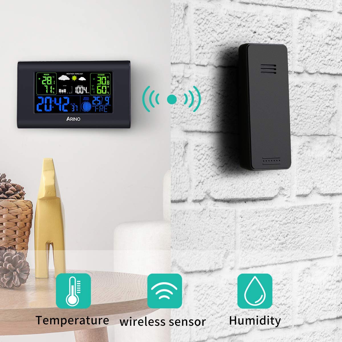 ARINO Stazione Meteo con Sensore Esterno Wireless Stazione Meteorologica Professionale da Casa con Sveglia Digitale Allarme per Casa, Ufficio Colore Nero