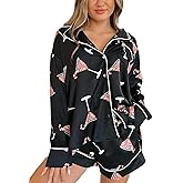 Women Christmas Pajamas Shorts Set Santa Claus Pjs Long Sleeve Button Down Shirt+Pants 2 Piece Xmas Jammies Loungewear