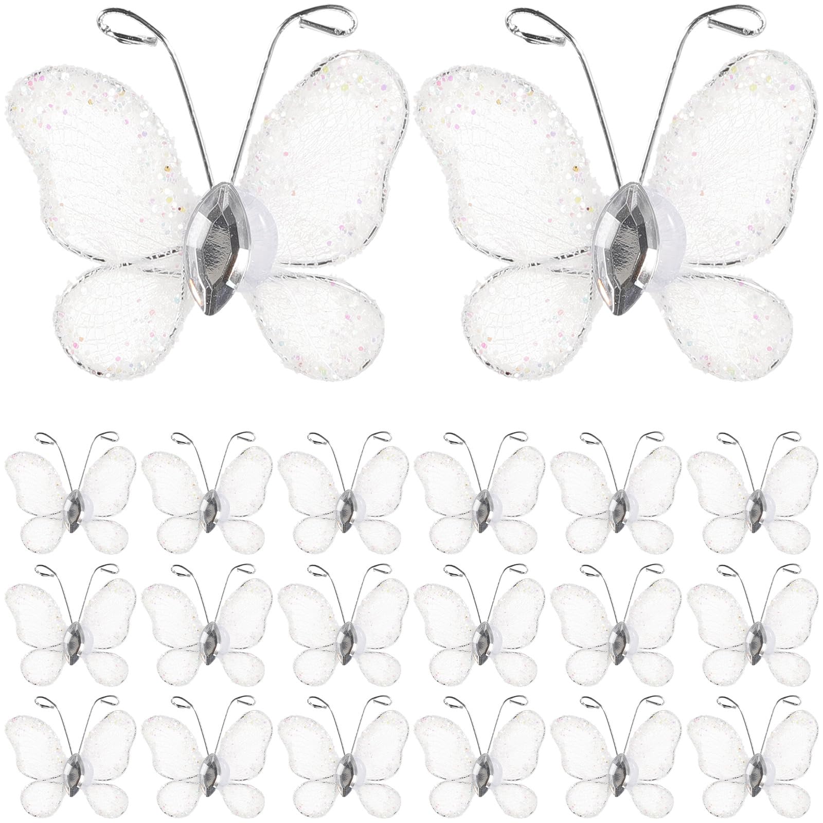 TOYANDONA 50pcs Mesh Wire Butterflies Wire Glitter Butterflies Wired Butterfly Mesh Butterfly Decorations with Gem Wedding Decorations (White)