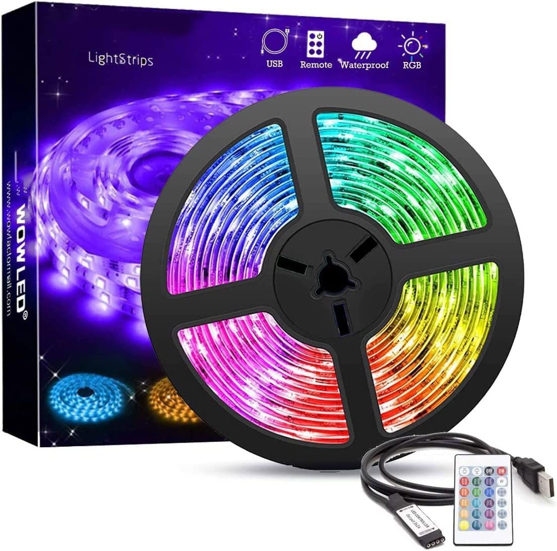 WOWLED 1M (3.28ft) USB RGB Strip Light IP65, Upgrade 39inch TV Backlight Bias Back kit for HDTV, Multi Color Mood TV LED 24 Key Remote Controller, Home Cabinet Wedding Lighting Decoration DIY