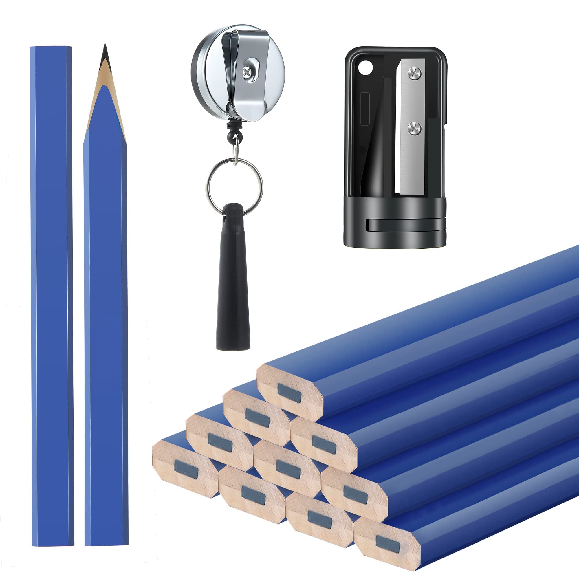 WANGCL 12 Pieces 7 Inches Carpenter Marking Pencils with Pencil Sharpener and Silicone Heavy Duty Retractable Pen Holder for Woodworking Marking Tool（Blue）