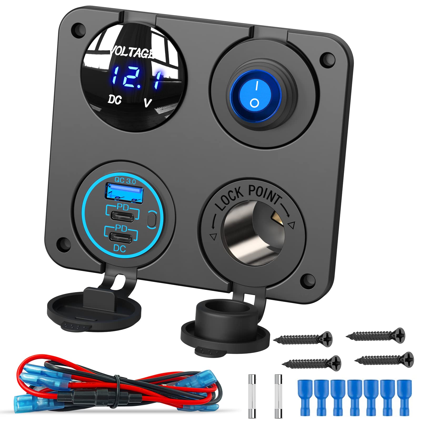 Photo 1 of 12V USB Outlet Socket Panel: (4 in 1) 58W Dual PD3.0 USB C 12V USB Charger 150W Marine Cigarette Lighter Socket 12v Splitter with Voltmeter Digital Display and Waterproof Rocker Toggle Switch 15A Fuse