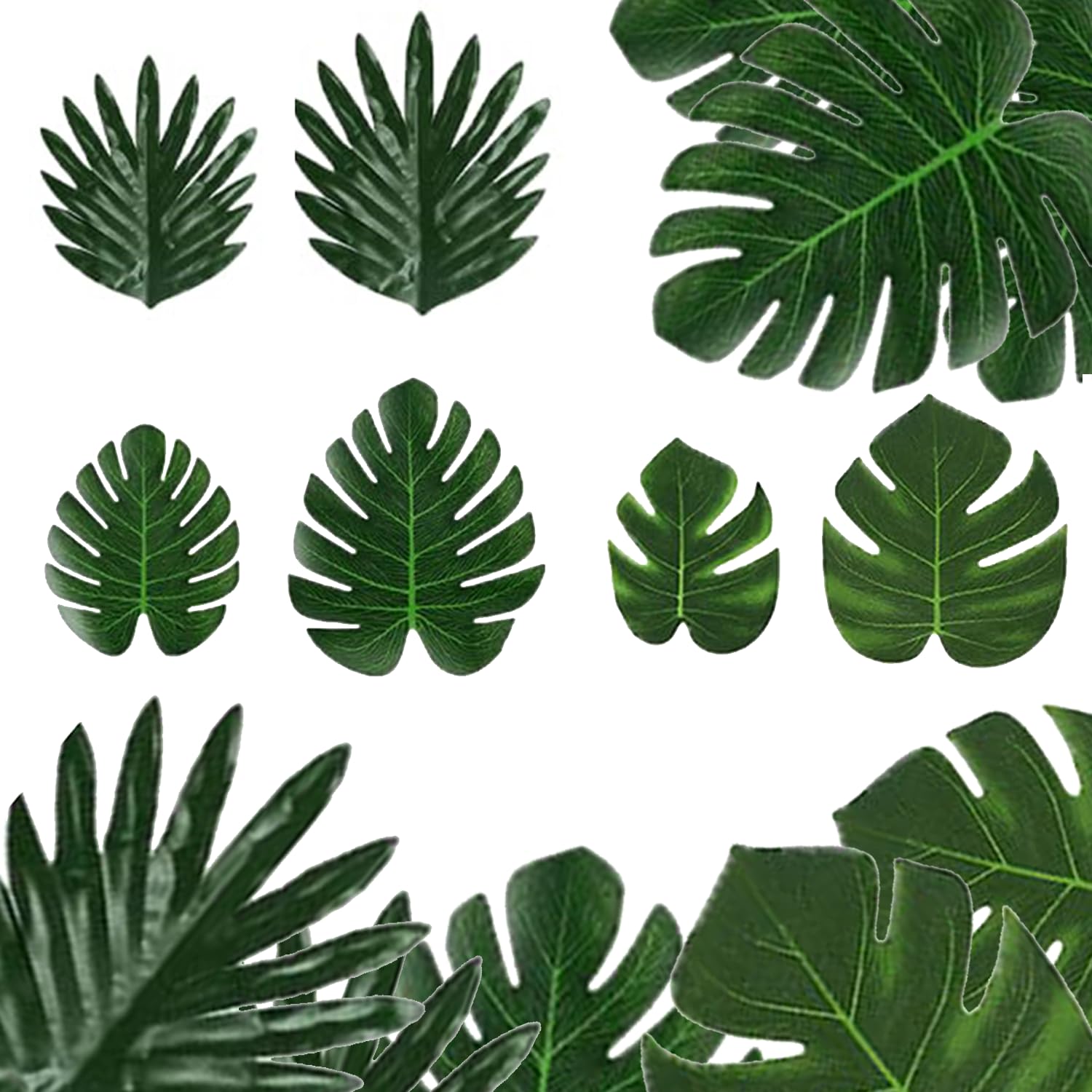 RHQFDM Artificial Palm Leaves 48 Pieces Tropical Leaves Decorations Monstera Leaves Green Palm Leaves for Hawaii Beach Theme Tropical Jungle Party Decorations (6 Sizes)