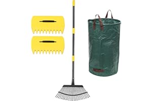 Rake for Leaves, 25 Tines 18" Wide Metal Leaf Rake with 32 Gallon Lawn and Leaf Bags & Leaf Scoops, Garden Adult Kids Lawn Sh