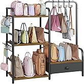 Purse Organizer for Closet, with Bottom Drawer, Extra Large Capacity 3 Tier Handbag Storage Rack for Women, 10 Purse Hanger and Hooks for Bag Organizer, Floor-Standing, Home, Living Room (Black)