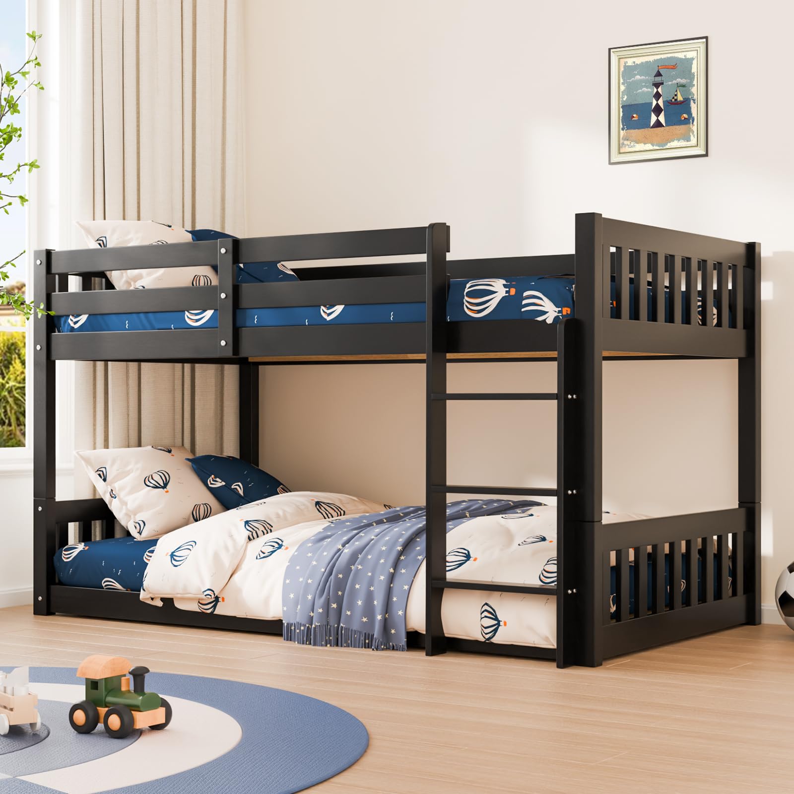 Photo 1 of ***MISSING PARTS***JOYMOR Solid Wood Low Twin Over Twin Bunk Bed for Kids/Junior, Bunk Bed Frame with Guardrails & Ladder for Boys Girls, No Box Spring Needed (Black)