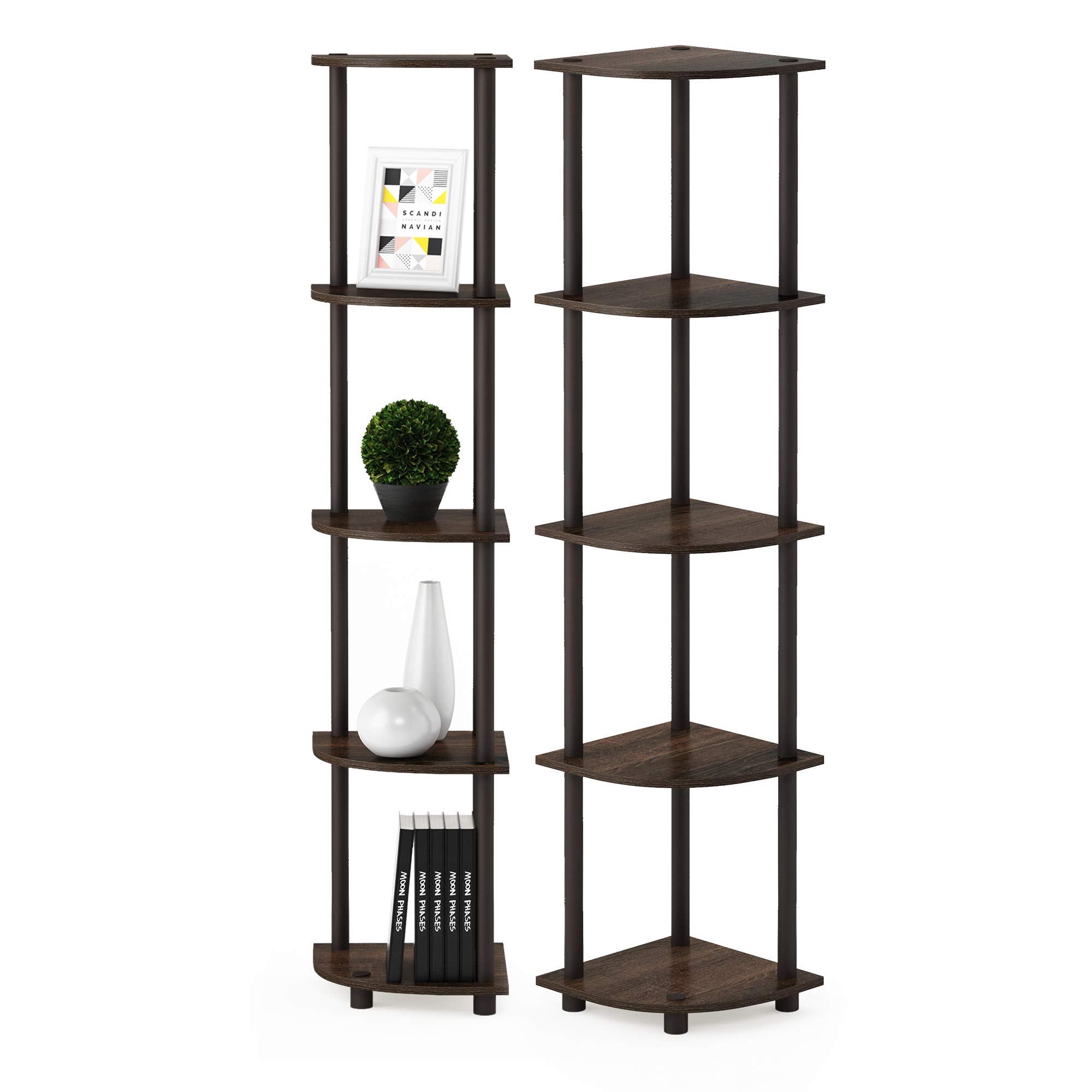Furinno TURN-N-TUBE Corner Shelf Set of 2, 5-Tier Corner Bookshelf, Open Storage Shelves, for Organization and Storage, Living Room, Home Office, Garage, Walnut