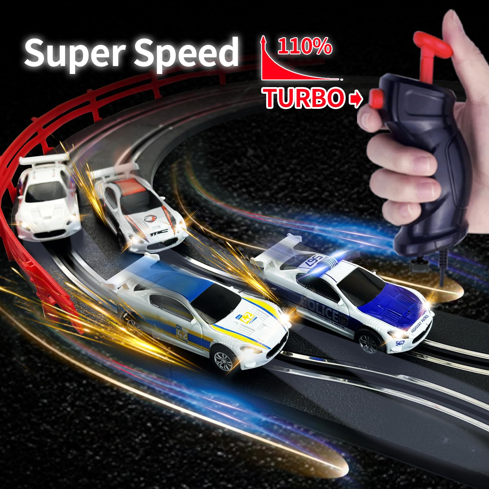 AGM MASETCH Slot Car Racing Track Set with 4 Unique Slot Cars, Battery Powered or Electric Car Track, Gift Toys for Boys Girls 4-12 Years Old