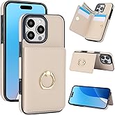TIANLI Compatible with iPhone 16 Pro Max Wallet Case with Card Holder, 360° Rotation Ring Kickstand RFID Blocking PU Leather Double Magnetic Clasp Shockproof Cover for Women Man, Off White