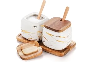 Dicunoy 2 Pack Ceramic Sugar Bowl with Lids and Spoons, Salt and Sugar Container, White Porcelain Sugar Coffee Container, Condiment Spice Pots with Wooden Tray for Bar Table, Kitchen, Countertop
