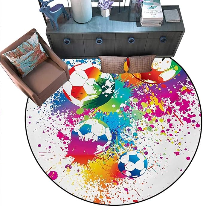 Soccer Round Area Rug Carpet Colored Splashes All Over Soccer Balls