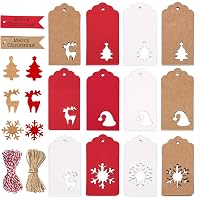 150Pcs Christmas Gift Tags with String, Xmas Kraft Paper Red White Fish Tail Present Wrap Tags with Snowman Snowflake…