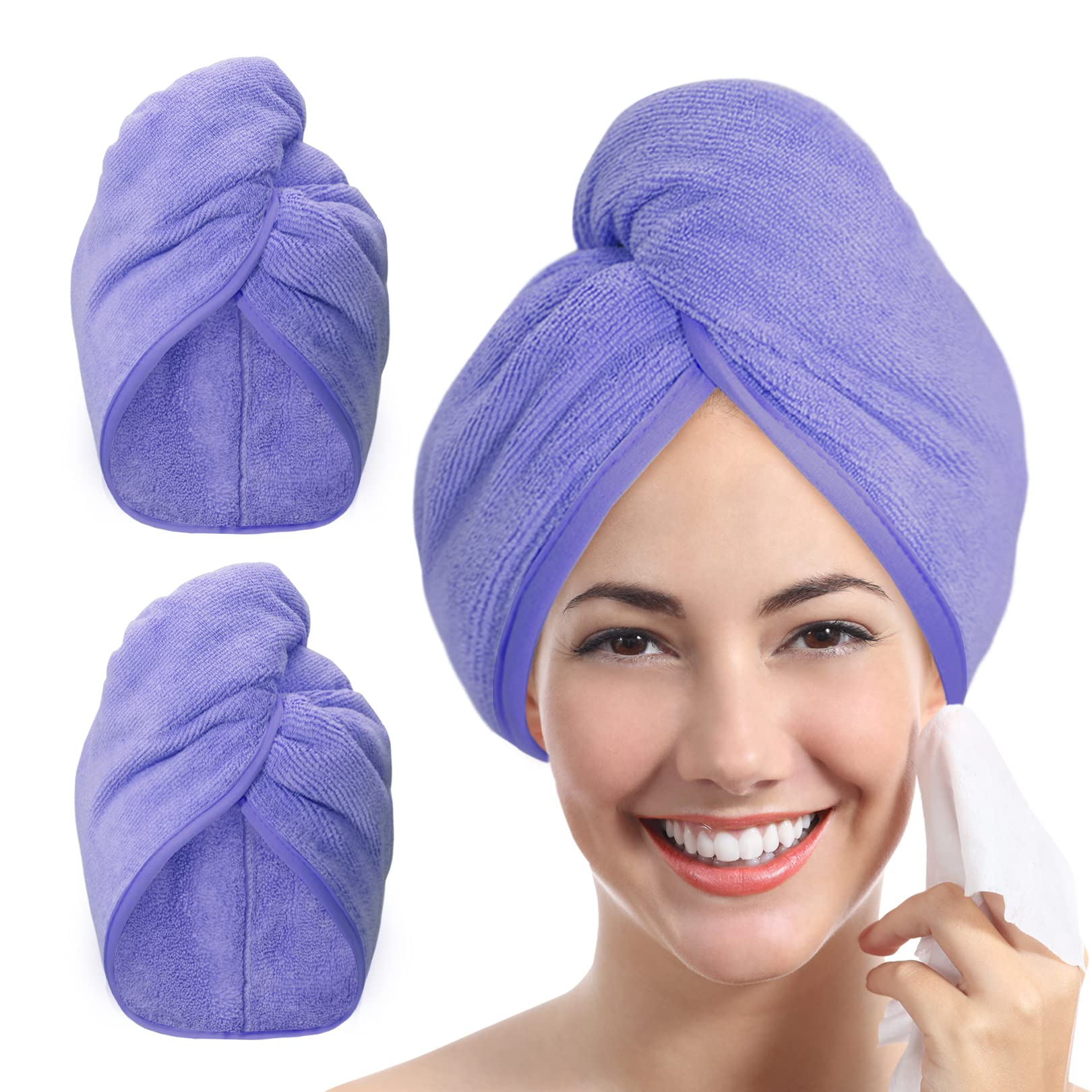YoulerTex Microfibre Hair Towel Wrap: 2Pack Hair Turban Super Absorbent Rapid Drying Microfiber Towel for Women Curly Long Wet Plopping Hair Girls Head Towelling Large Anti-Frizz (Lilac Purple)
