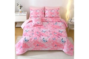 JQinHome 8 Piece Butterfly Comforter Set Full, 3D Pink Flower Printed Butterfly Bedding Set,All Season Microfiber Butterfly T