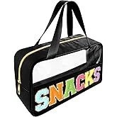 Bunliuys Chenille Letter Clear Makeup Bag Snacks Patch, Travel Toiletry Makeup Bag with Handle, Nylon Waterproof Makeup Bags clear cosmetic bag, preppy patch makeup bag for Women (SNACKS-Black)