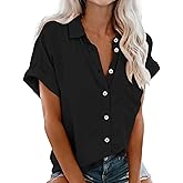 Womens Short Sleeve Button Down Shirts, V Neck Collared Causal Shirt Tops with Pocket, Summer Blouse Solid Loose Tops