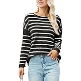 Outfeel Women's Striped Sweater Soft Lightweight Fit Long Sleeve Crew Neck Knit Pullover Cute Casual Fuzzy Tops