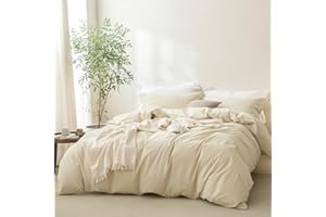 BDEAR Linen Feel Almond Milk Grey Duvet Cover Queen Size 90'' L x 90'' W, 100% Washed Cotton Duver Cover with Zipper Closure Plus 2 Pillowcases, Cozy and Breathable