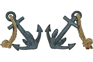Set of 2 Blue Cast Iron Boat Anchor Bookends: Nautical Home Decor Sculptures Standing 4.75 Inches High, Perfect for Adding Ma