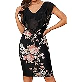 Yajedo Womens Retro Bodycon Midi Dresses Sexy Mesh Lace Cape Sleeve V Neck Print Work Church Pencil Dress