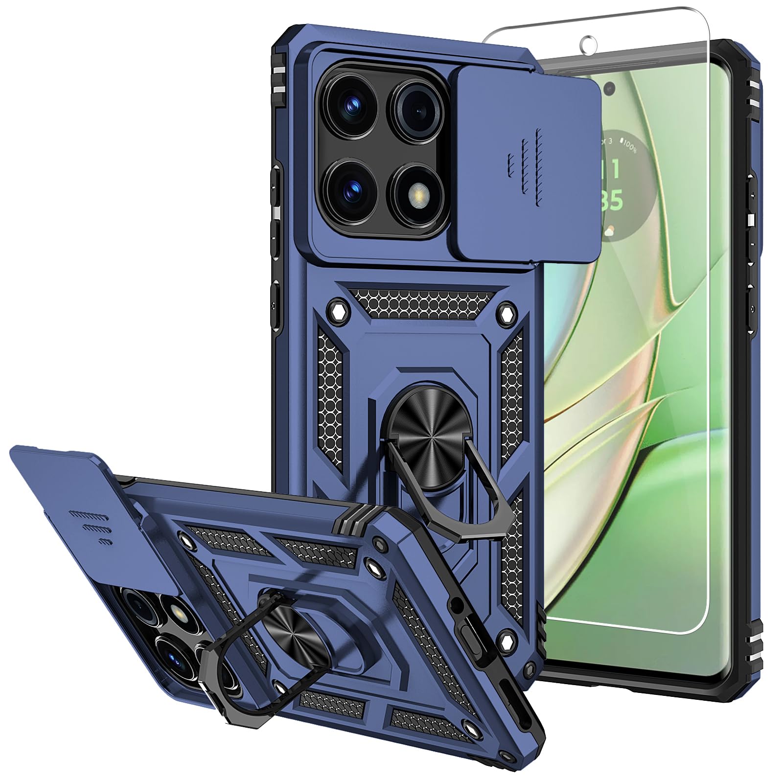 for Motorola Edge 2025 Case,with Screen Protectors and Camera Cover,[Military Grade] 16ft.Drop Tested Cover with Magnetic Kickstand Protective Case for Moto Edge 2025, Blue